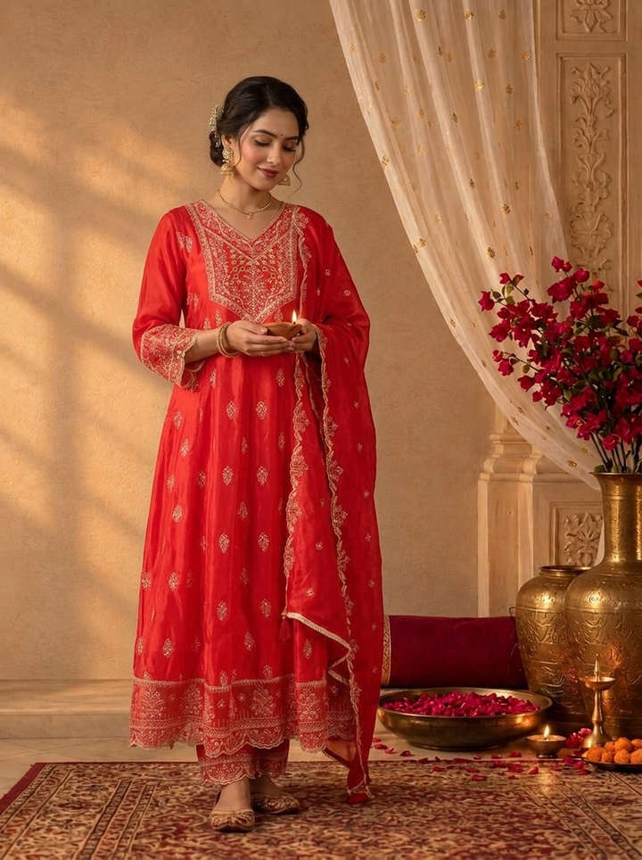 Red Silk Buti Thread Embroidered Three Piece Set