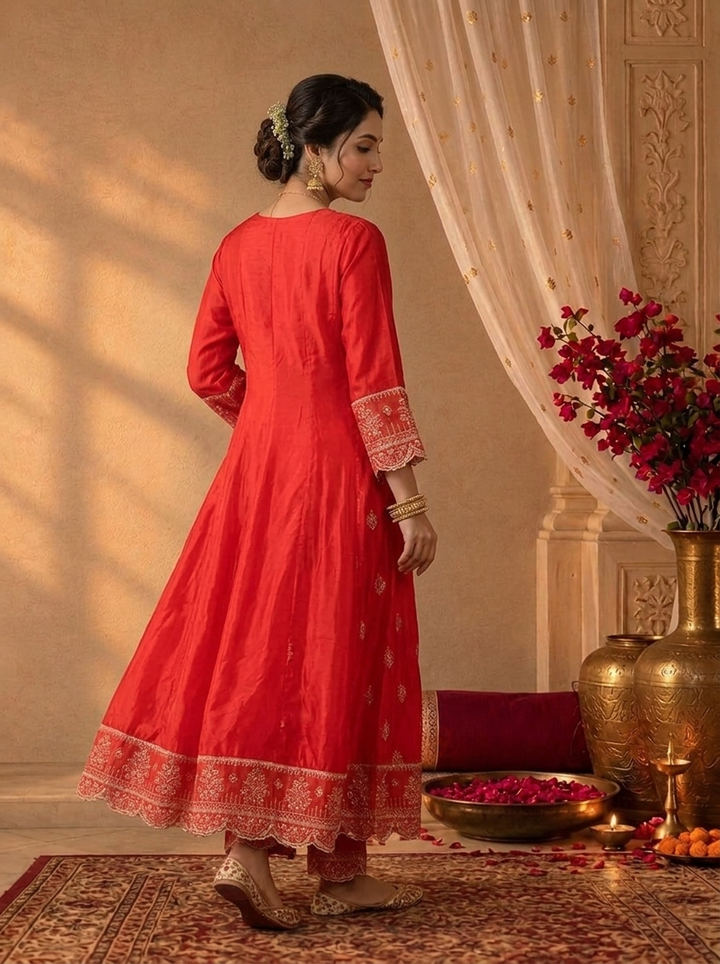 Red Silk Buti Thread Embroidered Three Piece Set