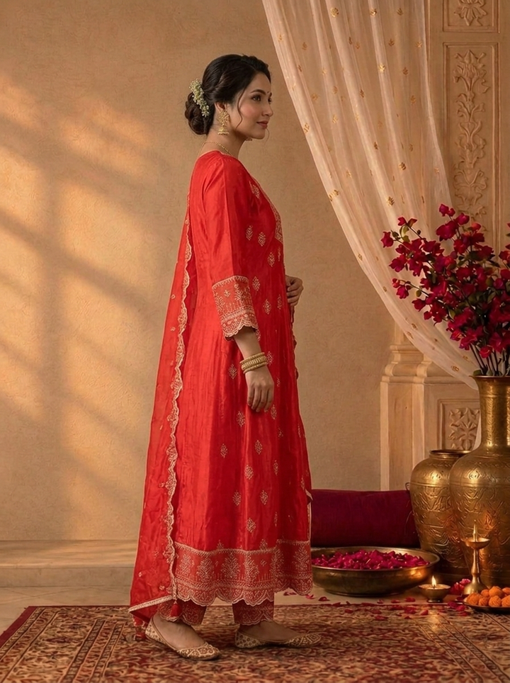 Red Silk Buti Thread Embroidered Three Piece Set