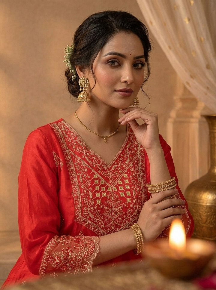 Red Silk Buti Thread Embroidered Three Piece Set