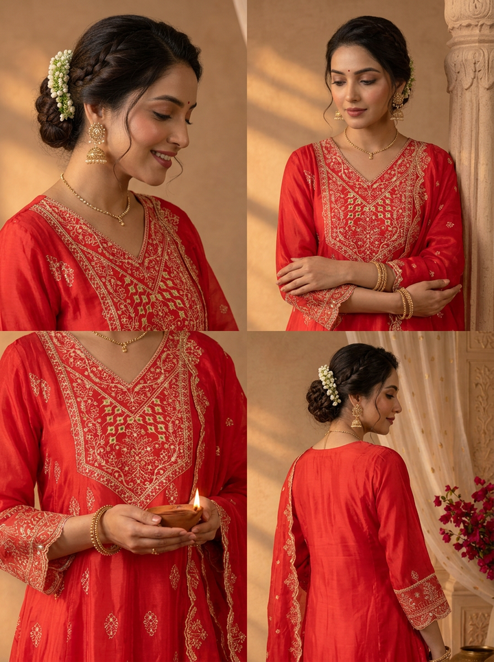 Red Silk Buti Thread Embroidered Three Piece Set