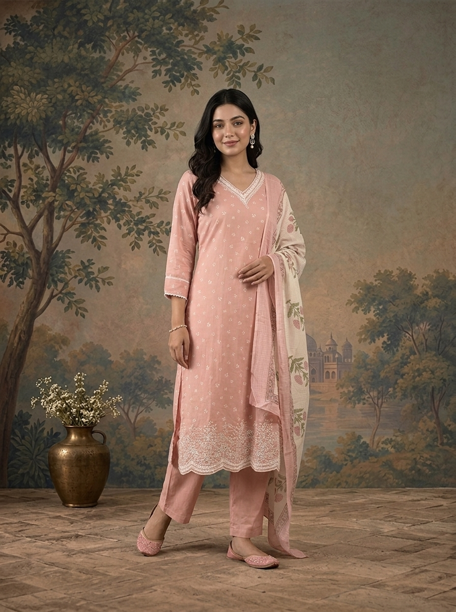 Baby Pink Cotton Butti Printed Three Piece Set