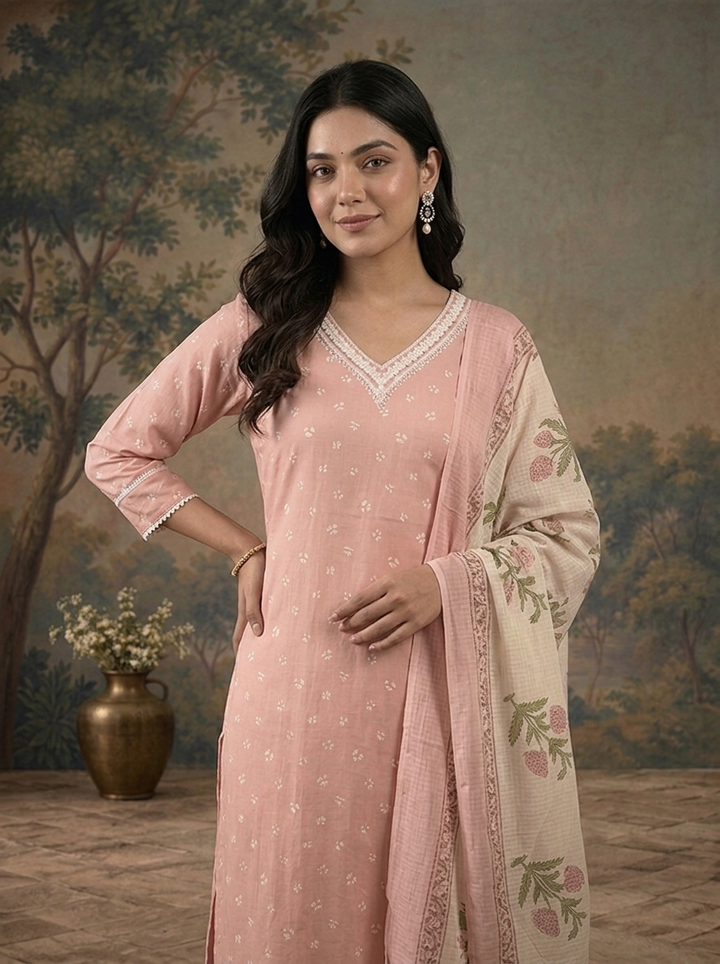 Baby Pink Cotton Butti Printed Three Piece Set