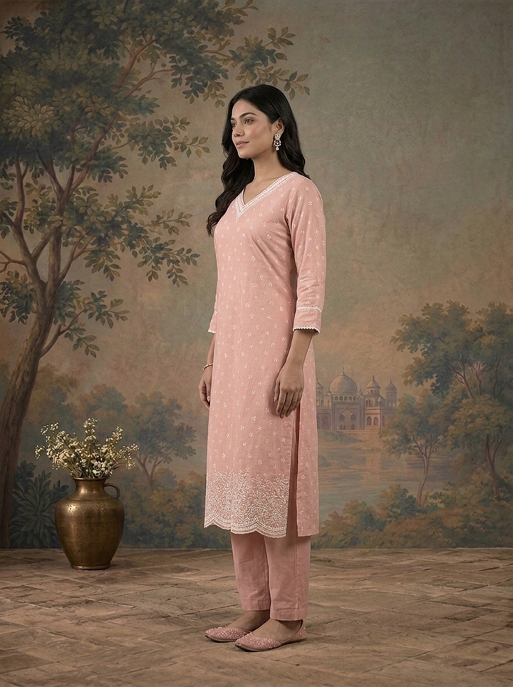Baby Pink Cotton Butti Printed Three Piece Set