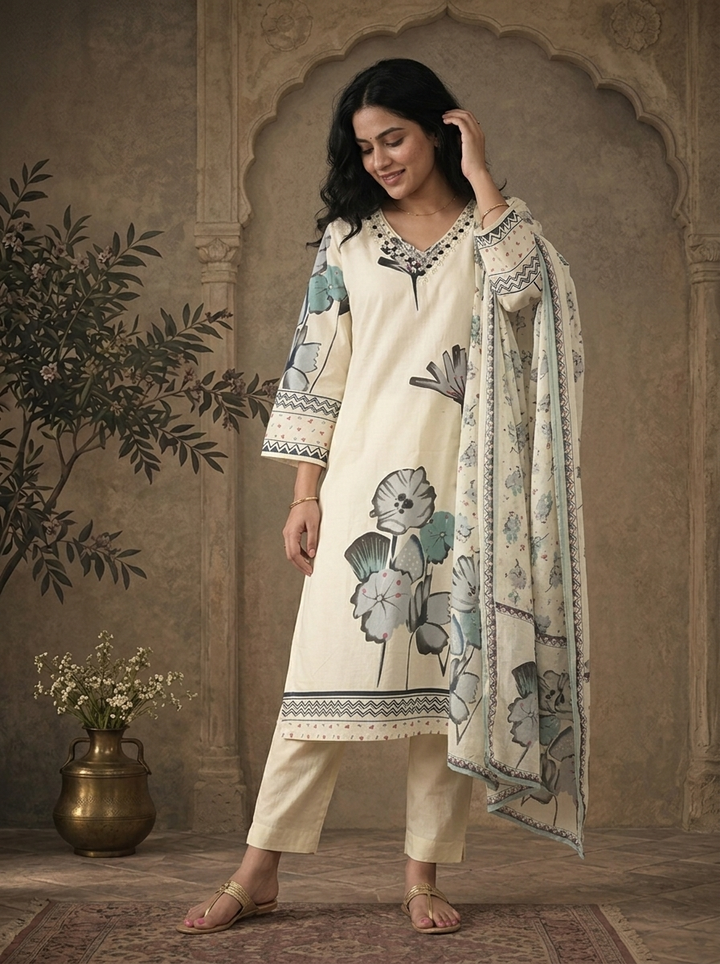 Grey Cotton Abstract Floral Printed Three Piece Set