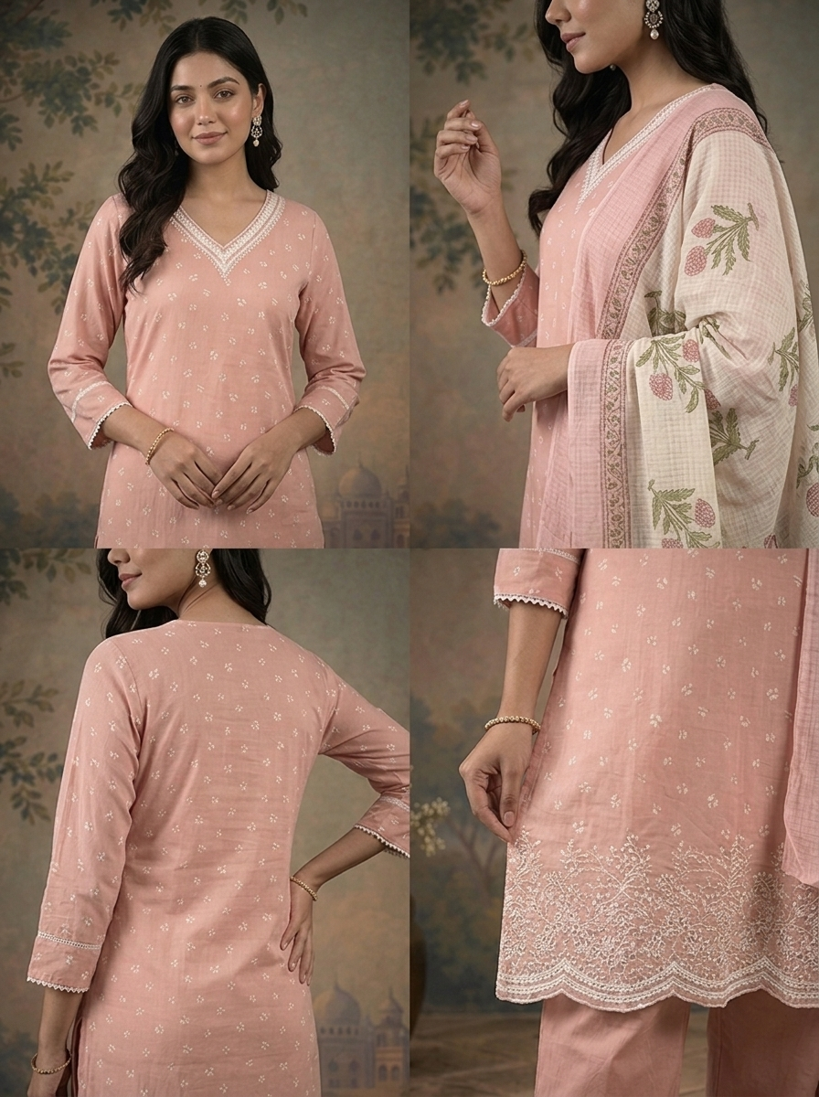 Baby Pink Cotton Butti Printed Three Piece Set