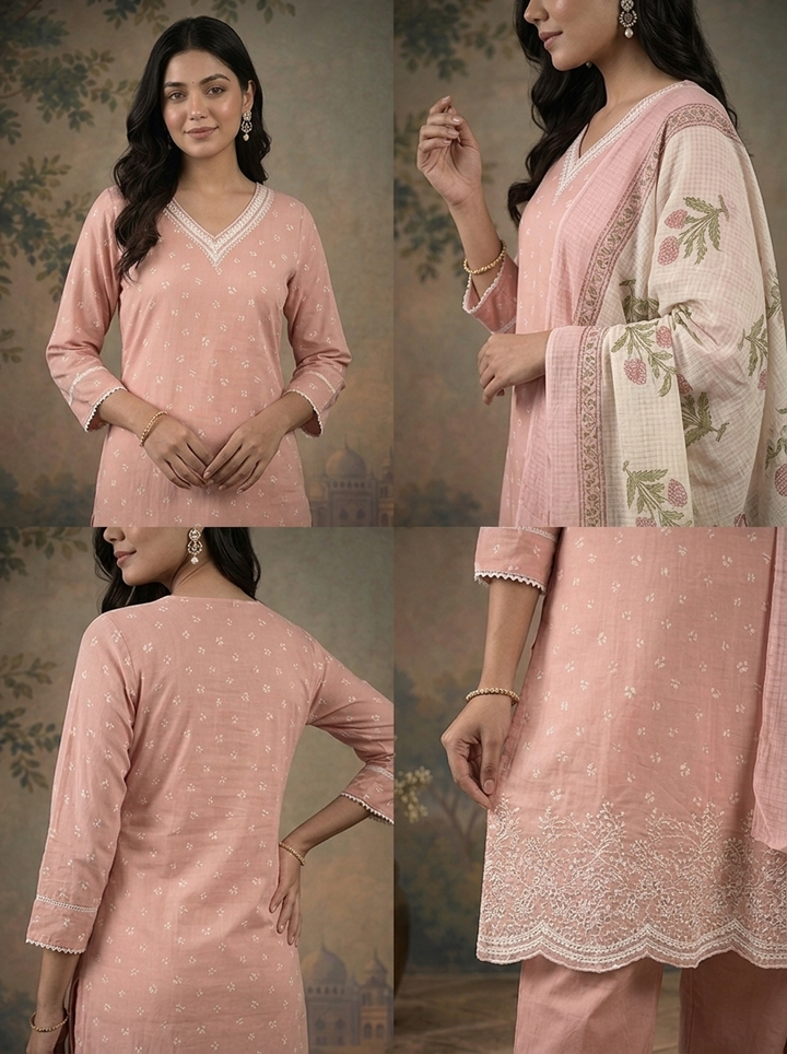 Baby Pink Cotton Butti Printed Three Piece Set