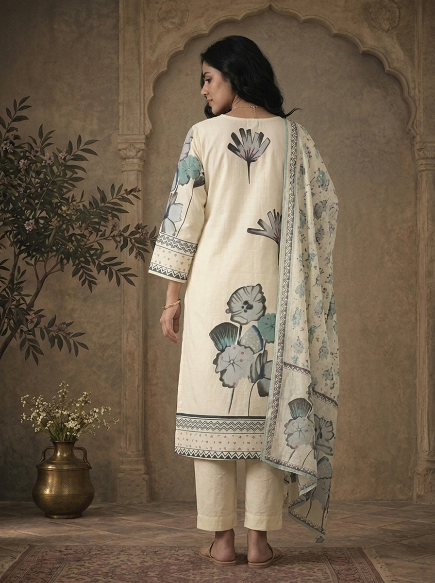 Grey Cotton Abstract Floral Printed Three Piece Set