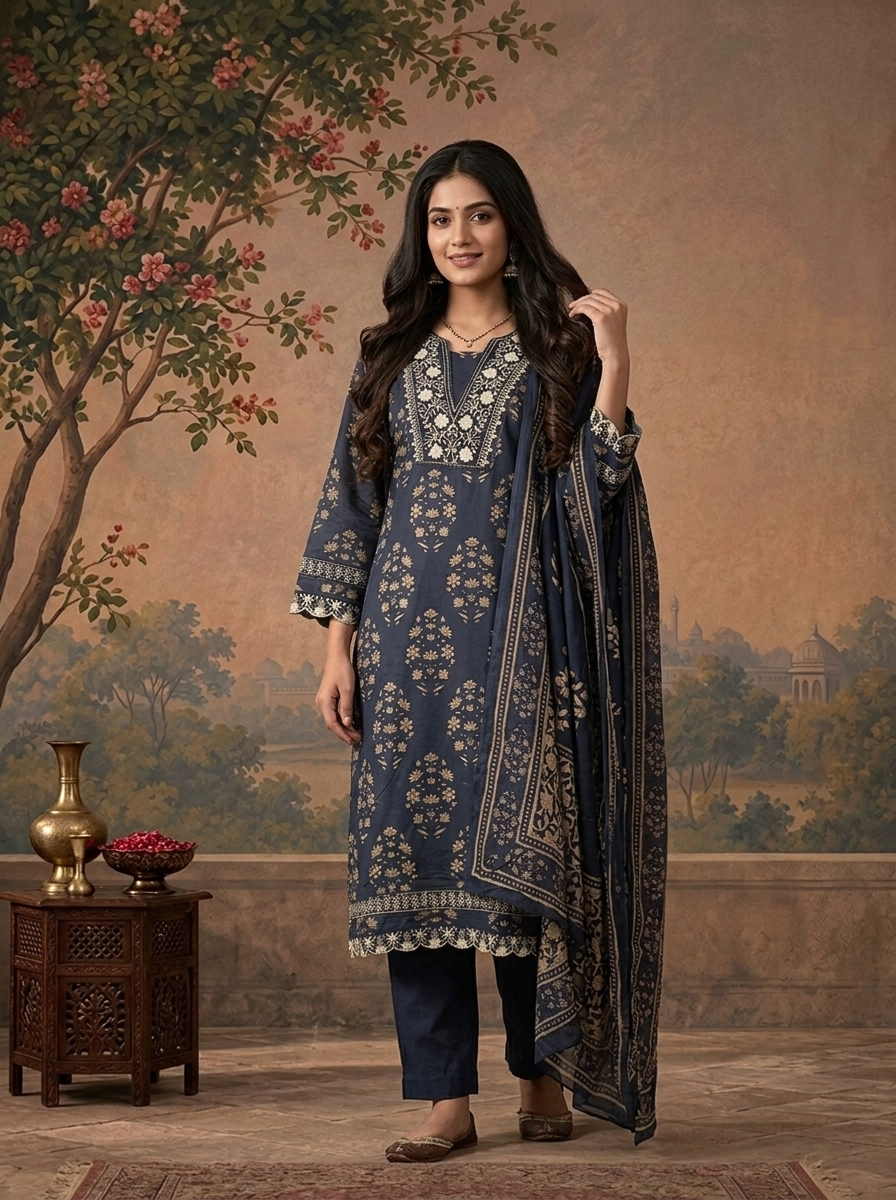 Navy Blue Cotton Mughal Floral Printed Three Piece Set