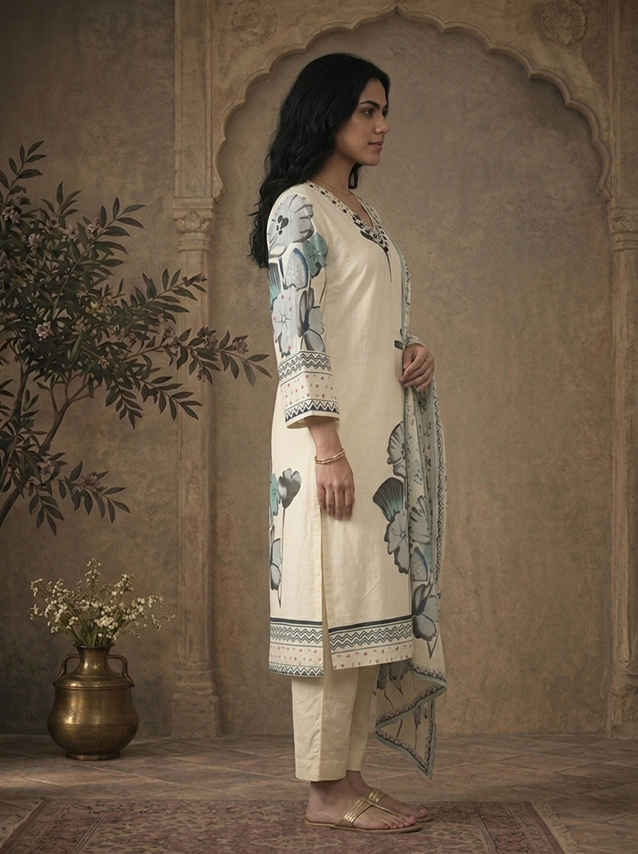 Grey Cotton Abstract Floral Printed Three Piece Set