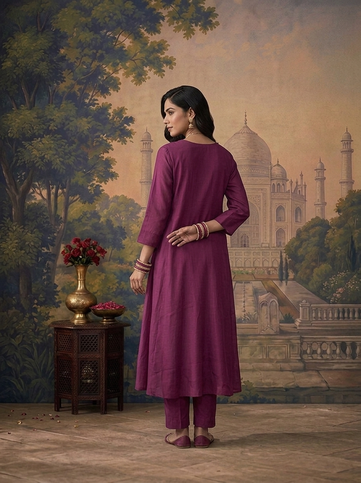 Wine Muslin Solid With Thread Embroidered Three Piece Set