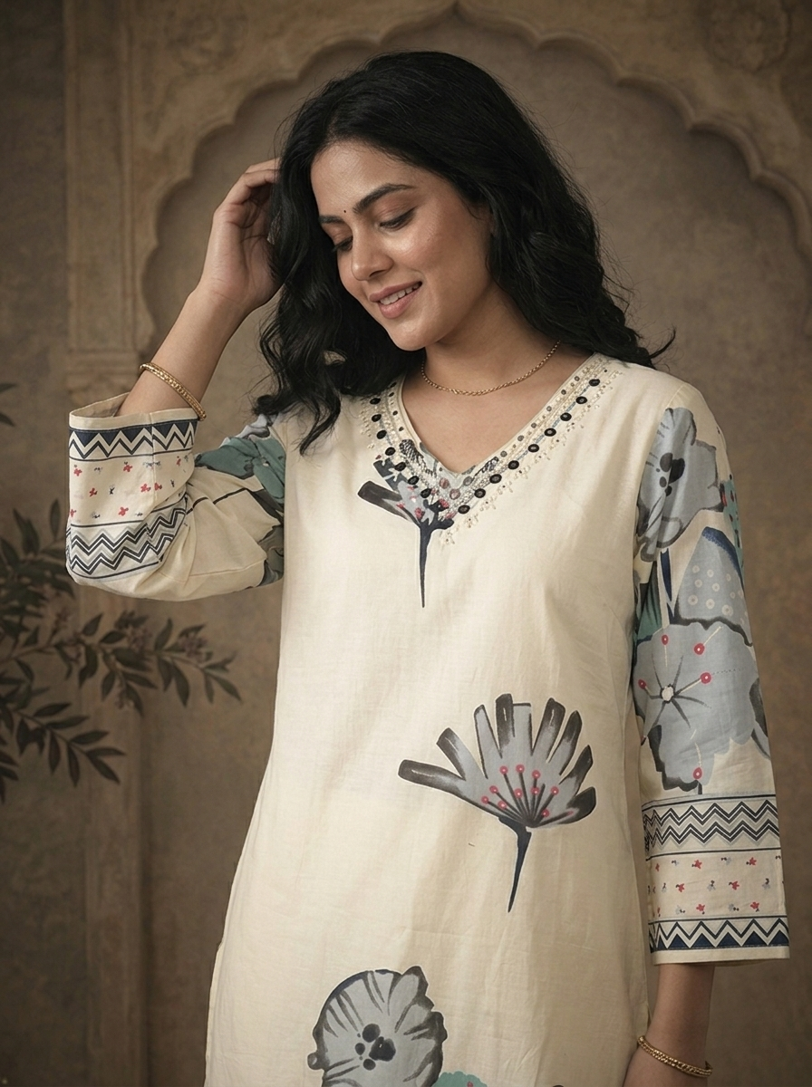 Grey Cotton Abstract Floral Printed Three Piece Set