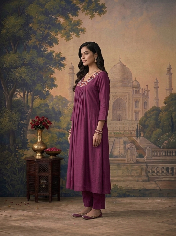 Wine Muslin Solid With Thread Embroidered Three Piece Set