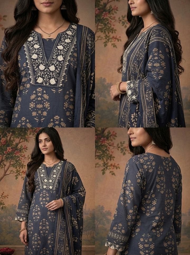 Navy Blue Cotton Mughal Floral Printed Three Piece Set