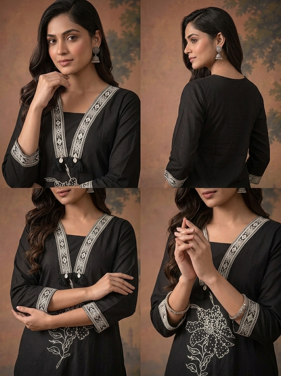 Black Cotton Floral Embroidered Three Piece Set