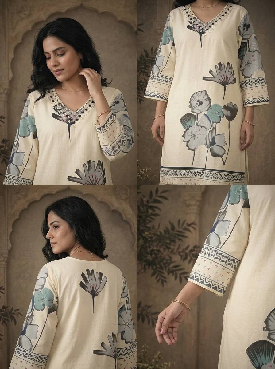 Grey Cotton Abstract Floral Printed Three Piece Set