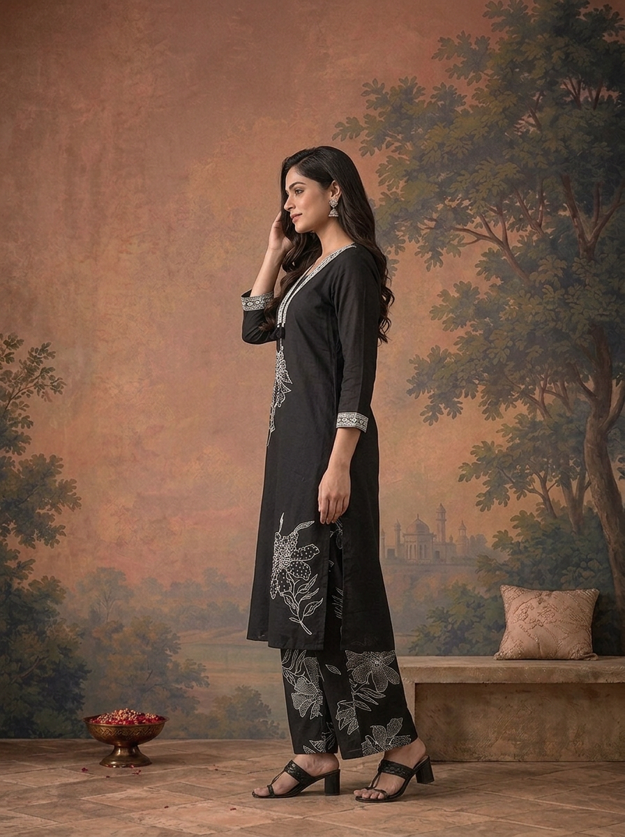 Black Cotton Floral Embroidered Three Piece Set