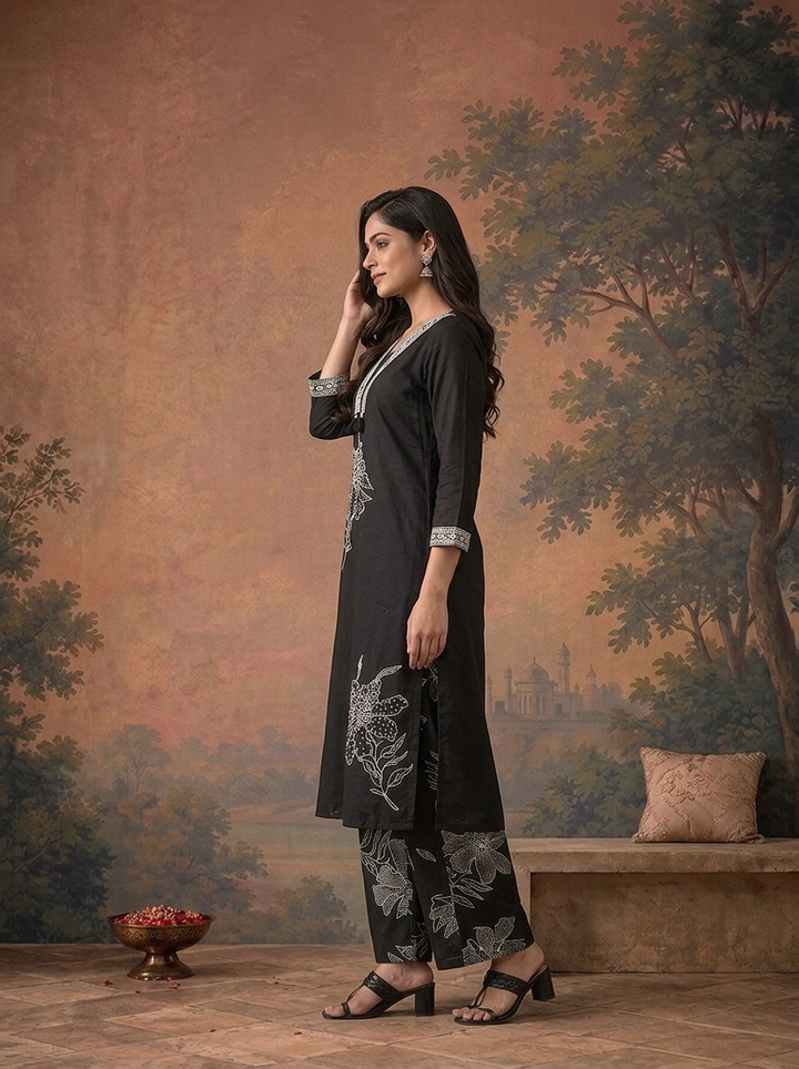Black Cotton Floral Embroidered Three Piece Set
