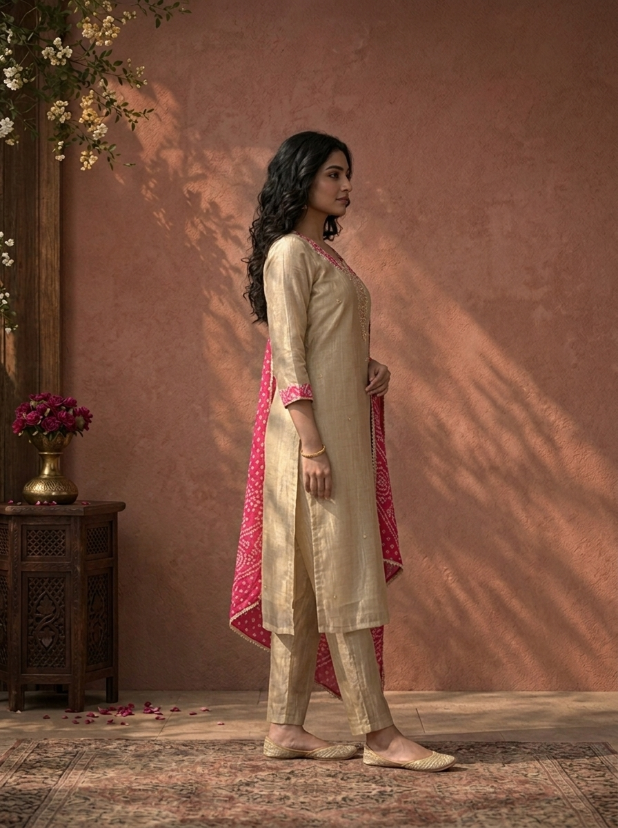 Rani Pink Tissue Paisley Thread Embroidered Three Piece Set
