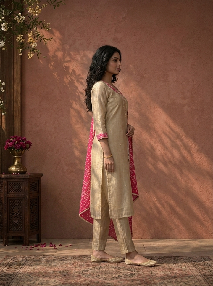 Rani Pink Tissue Paisley Thread Embroidered Three Piece Set