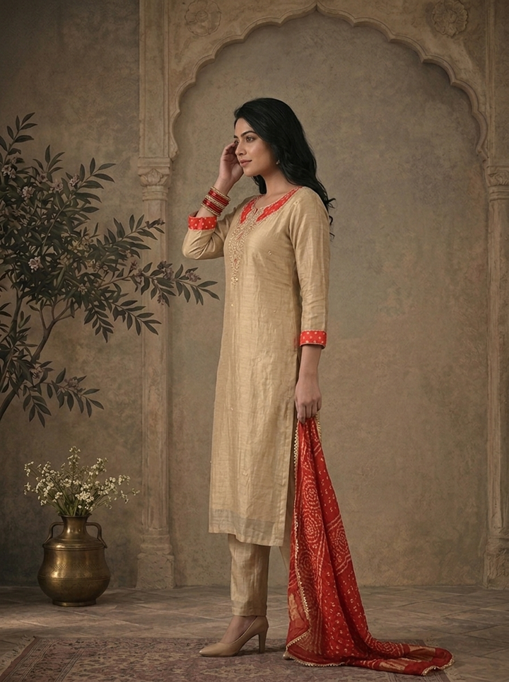 Red Tissue Paisley Thread Embroidered Three Piece Set