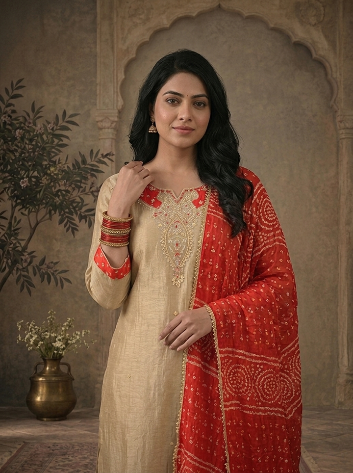 Red Tissue Paisley Thread Embroidered Three Piece Set