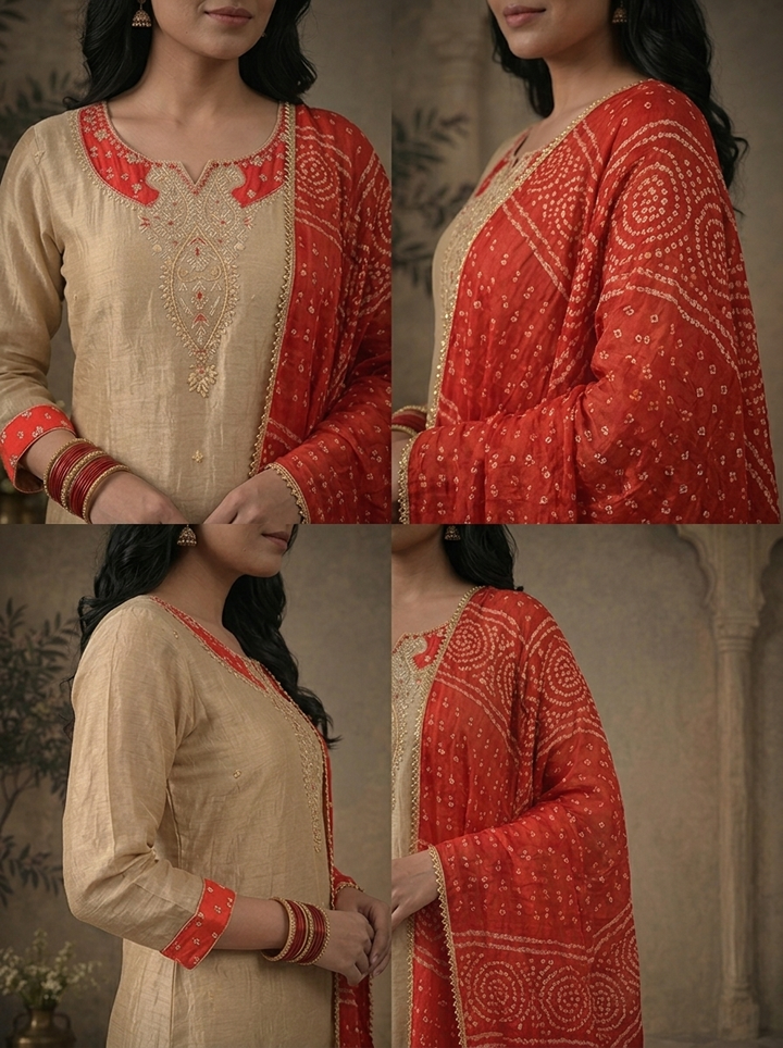 Red Tissue Paisley Thread Embroidered Three Piece Set