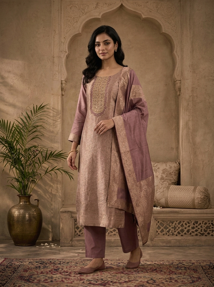Wine Silk All-Over Floral Zari Weaved Three Piece Set