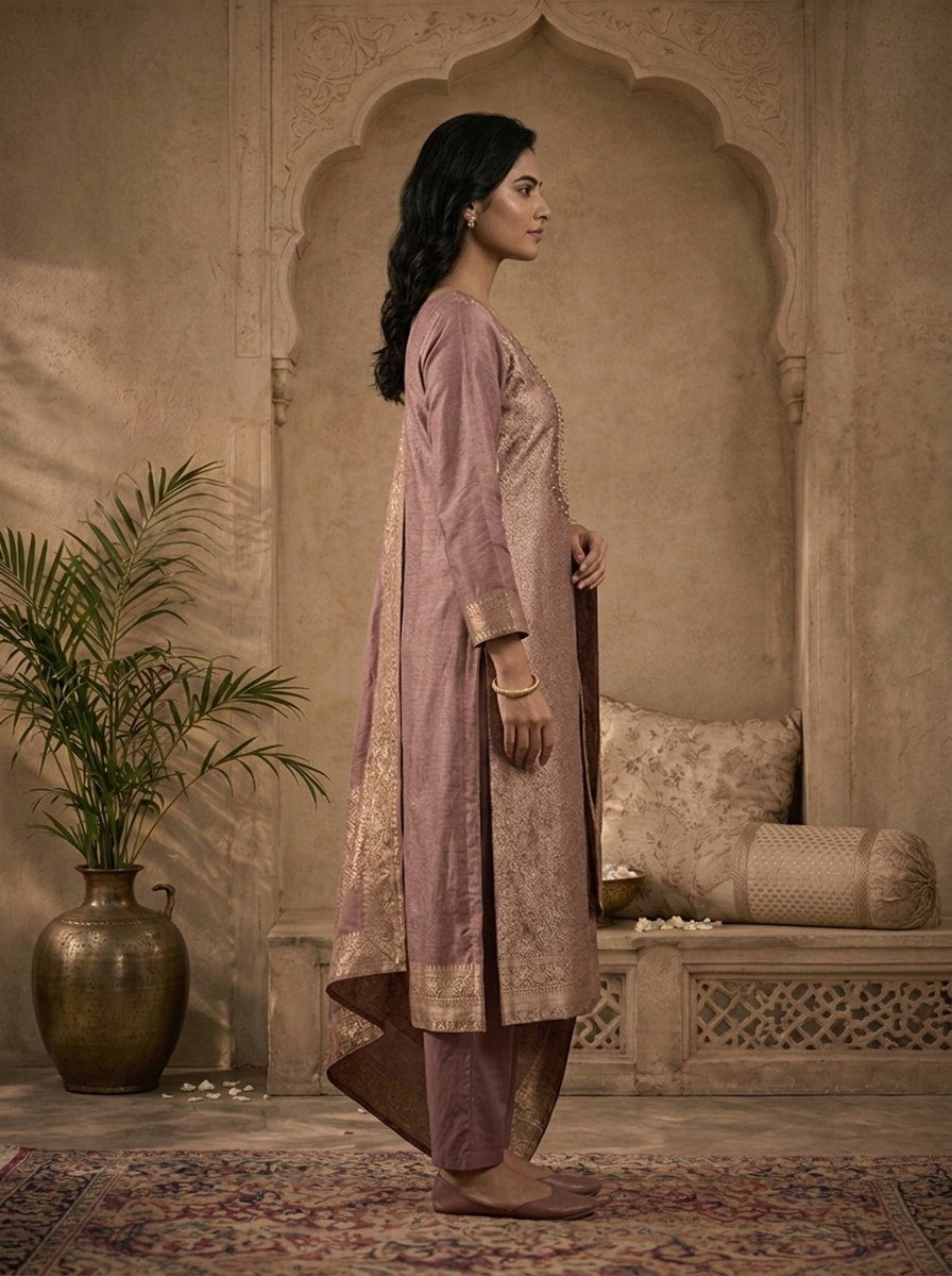 Wine Silk All-Over Floral Zari Weaved Three Piece Set