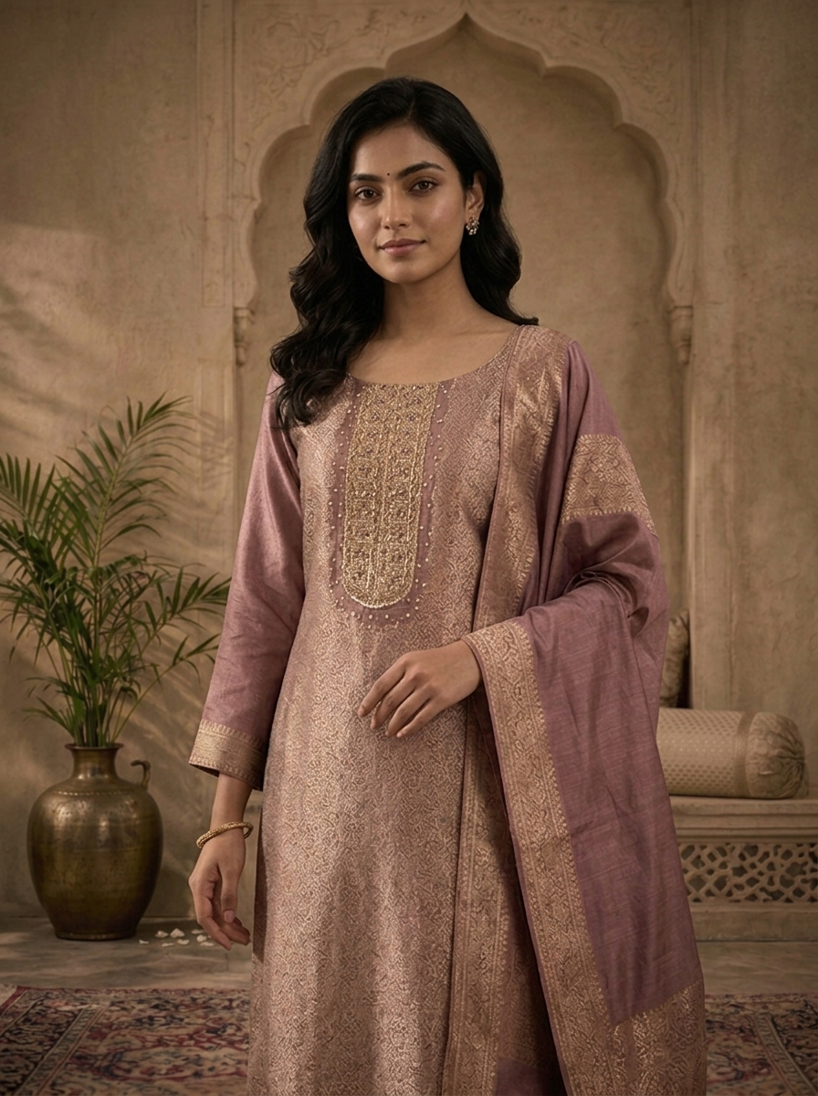 Wine Silk All-Over Floral Zari Weaved Three Piece Set