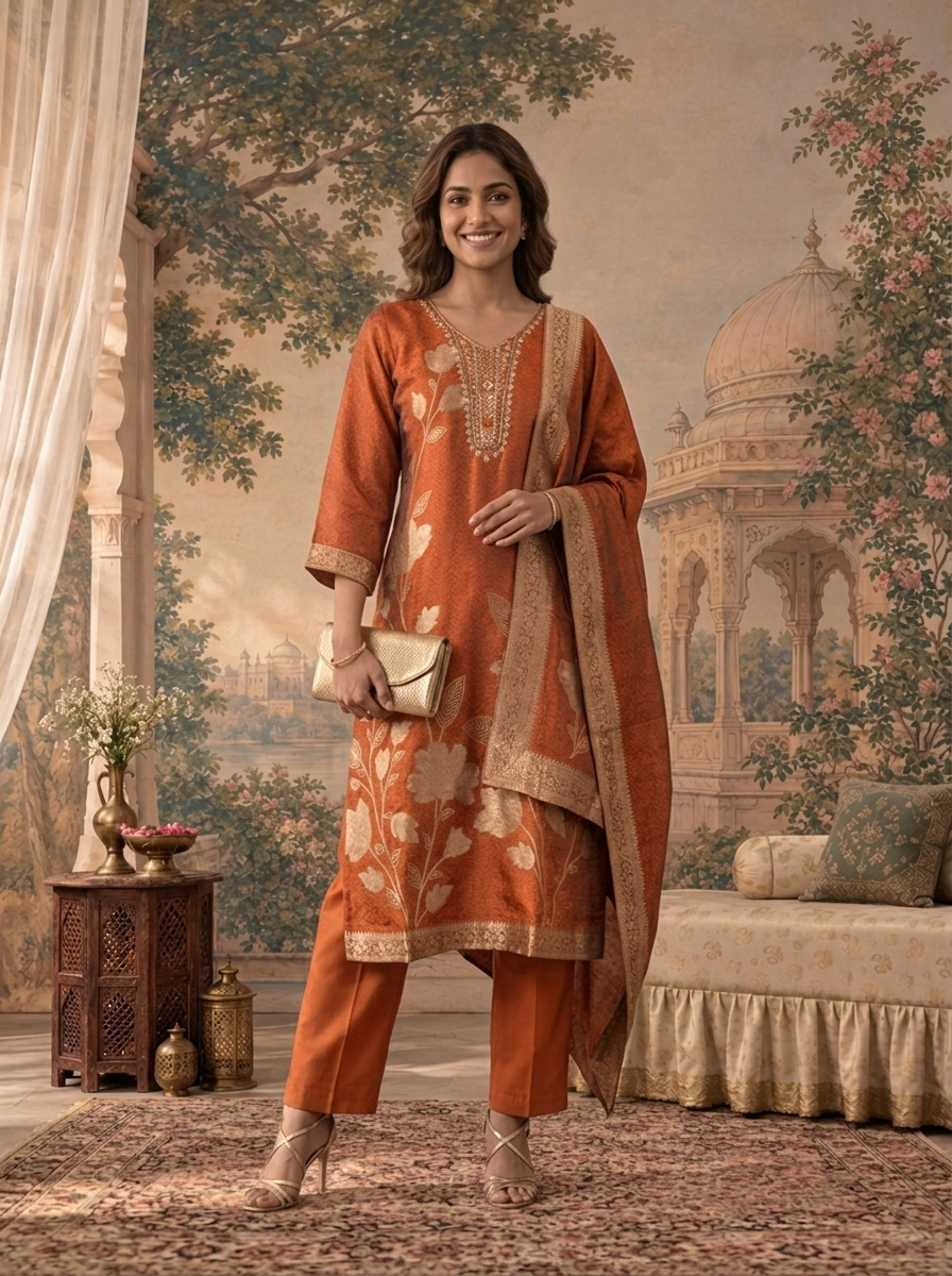 Rust Silk Gold Zari Jacquard Weaved Three Piece Set