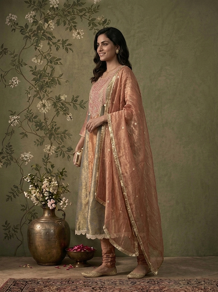 Onion Pink Tissue Paneled Floral Zari Weaved Three Piece Set