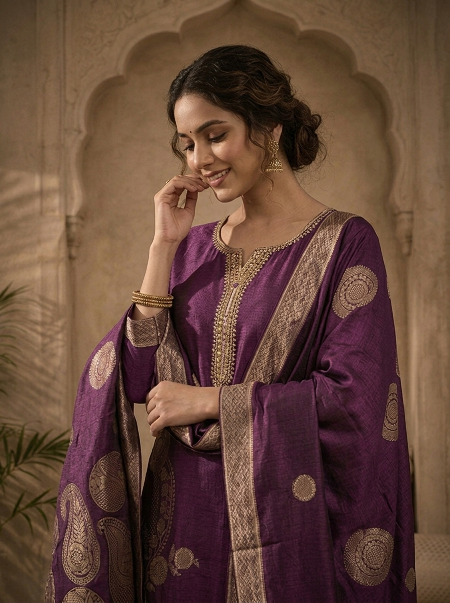 Purple Silk Abstract Motifs Weaved Three Piece Set