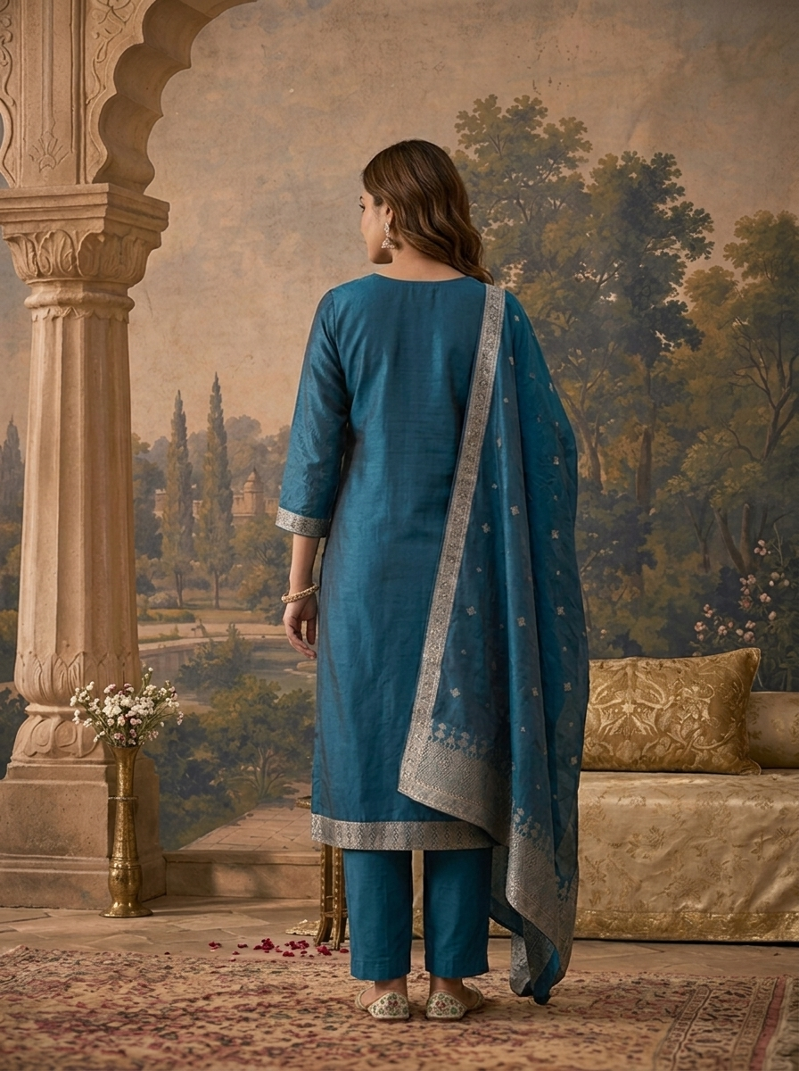 Peacock Silk Zari Butta Weaved Three Piece Set