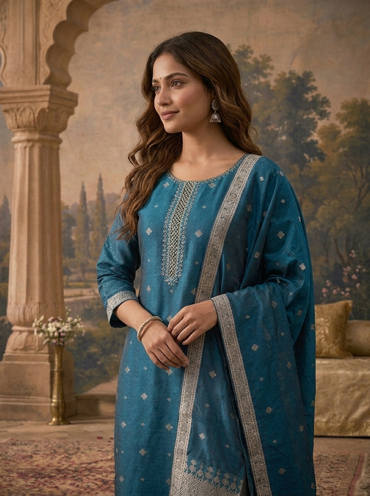 Peacock Silk Zari Butta Weaved Three Piece Set