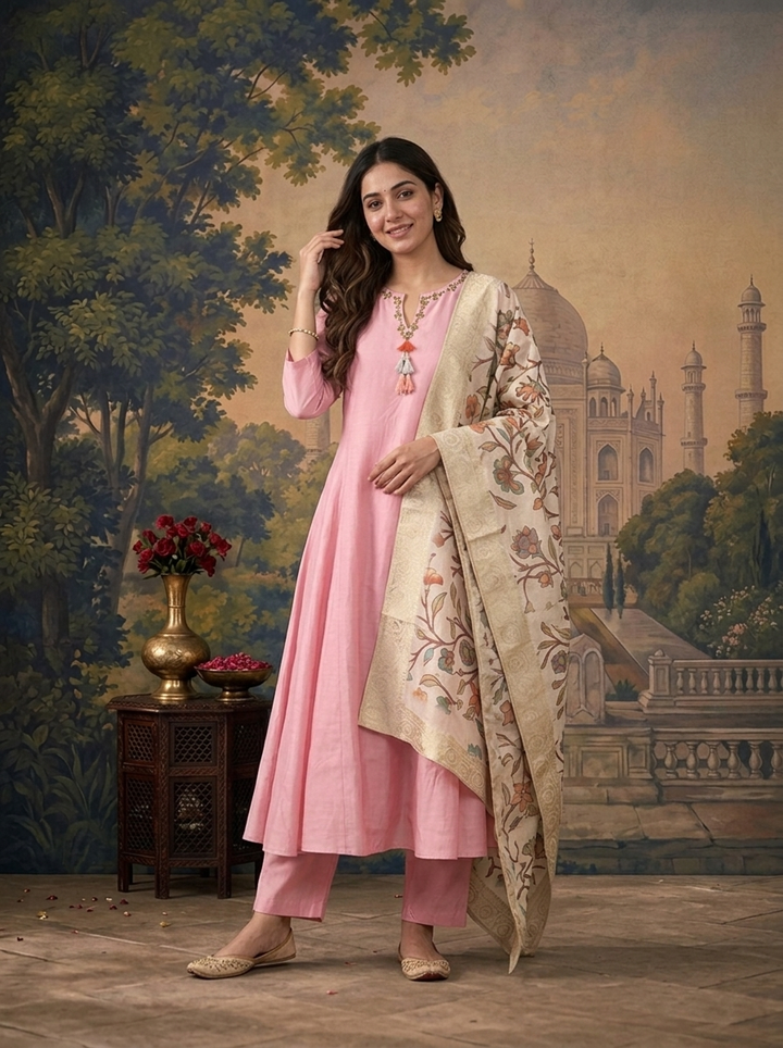 Baby Pink Muslin Solid With Stone Embroidered Three Piece Set