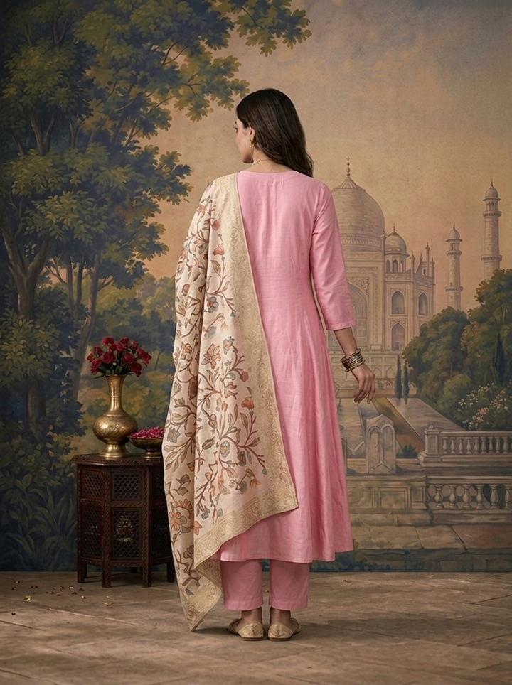 Baby Pink Muslin Solid With Stone Embroidered Three Piece Set