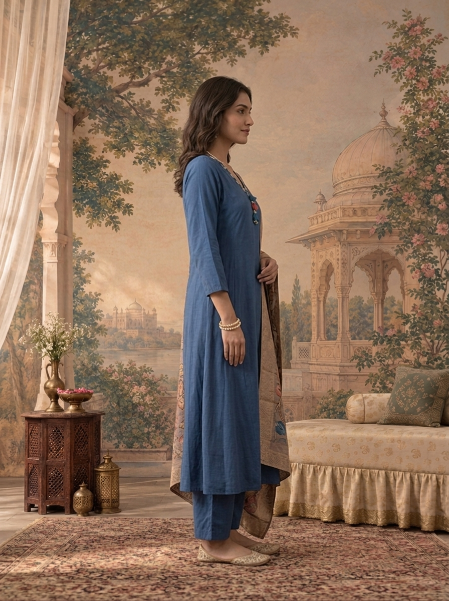 Blue Muslin Solid With Stone Embroidered Three Piece Set