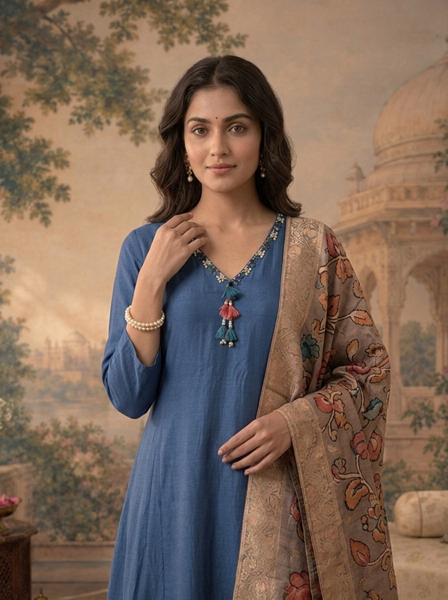 Blue Muslin Solid With Stone Embroidered Three Piece Set