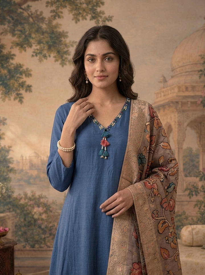 Blue Muslin Solid With Stone Embroidered Three Piece Set