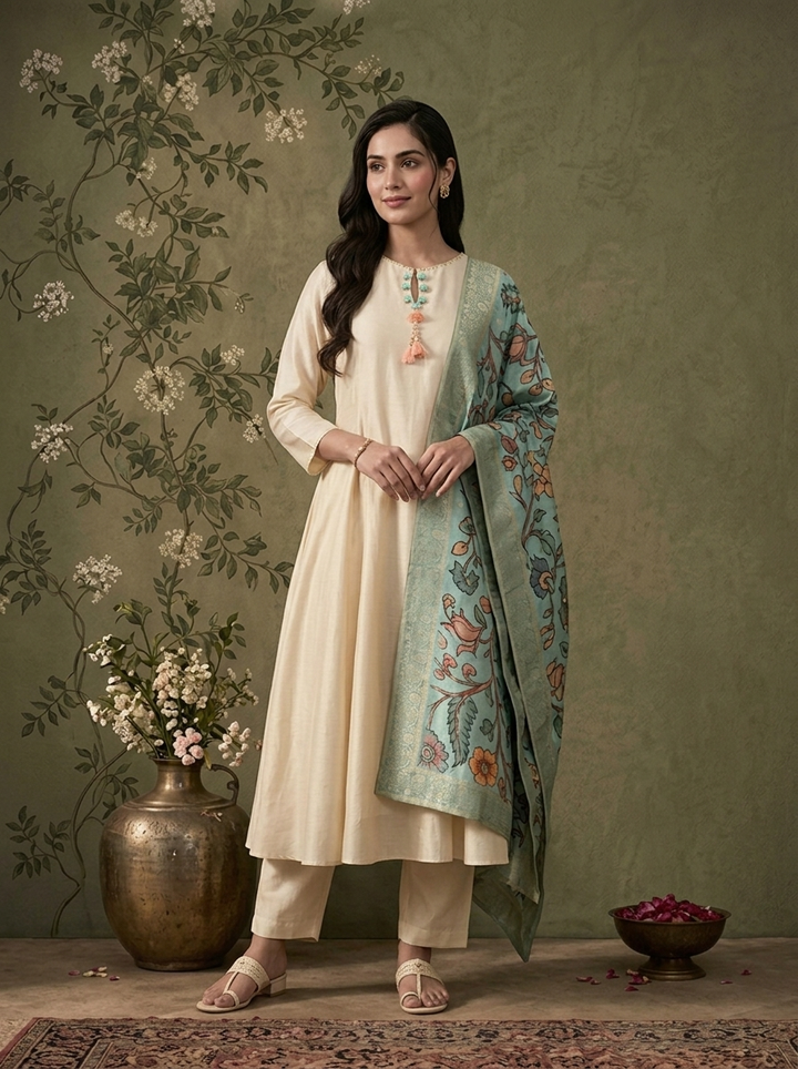Cream Muslin Solid With Stone Embroidered Three Piece Set