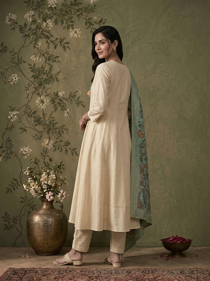 Cream Muslin Solid With Stone Embroidered Three Piece Set
