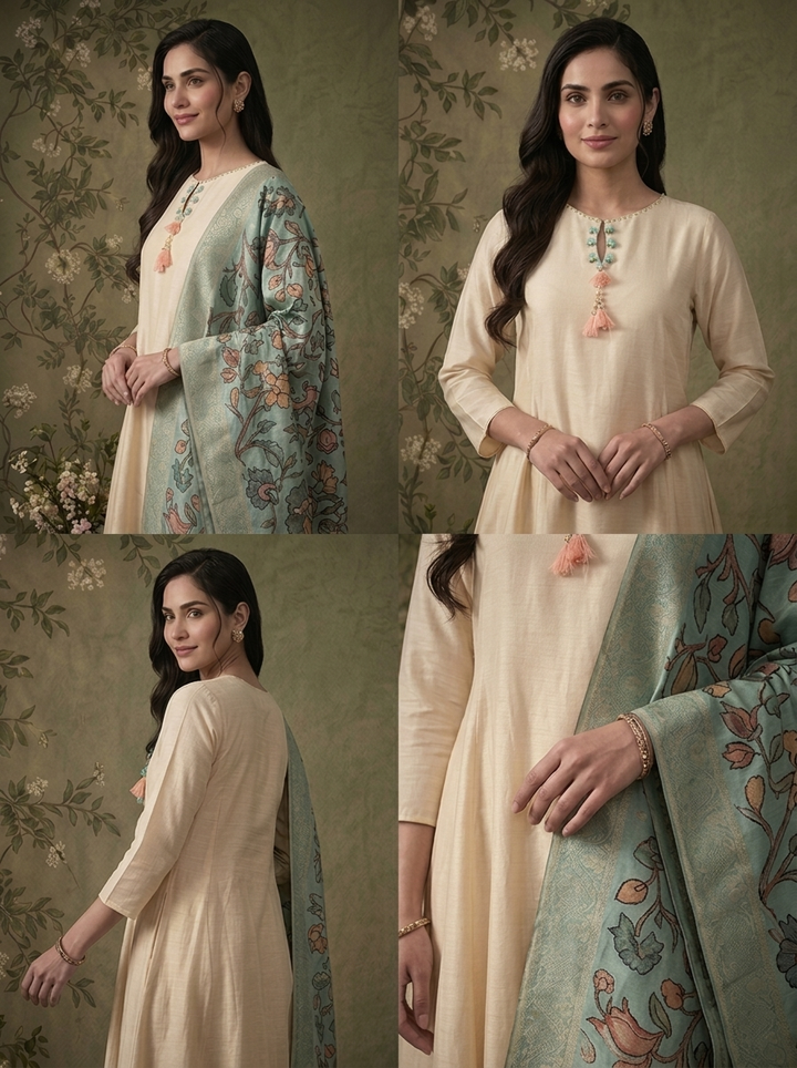 Cream Muslin Solid With Stone Embroidered Three Piece Set
