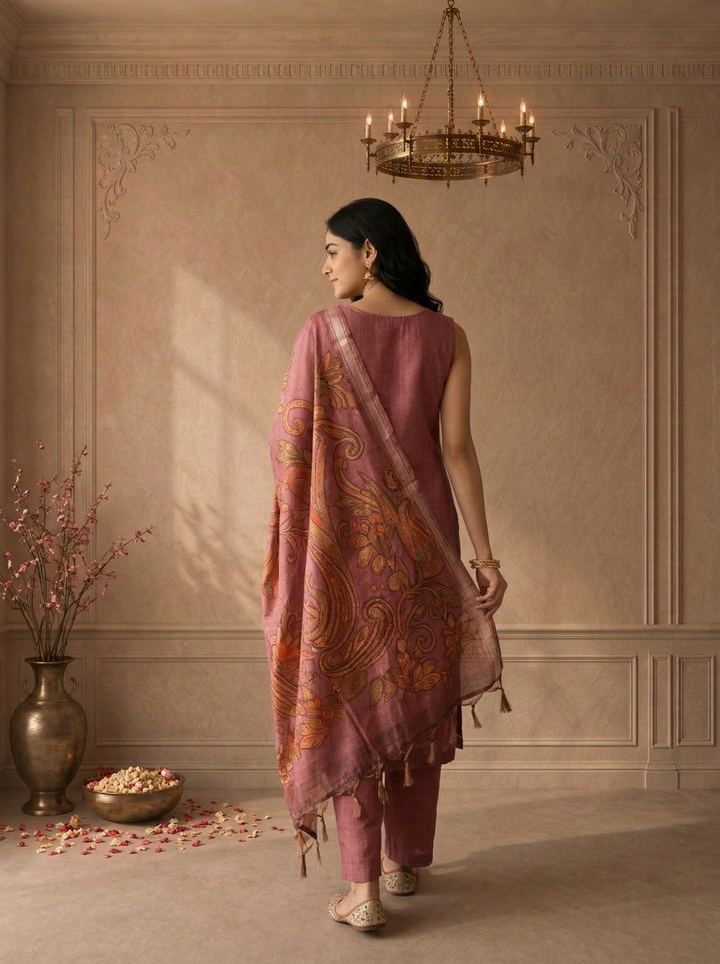 Onion Pink Silk Vintage Floral Printed Three Piece Set