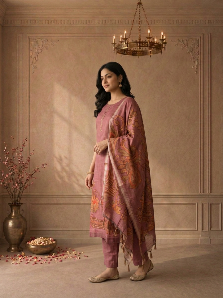 Onion Pink Silk Vintage Floral Printed Three Piece Set
