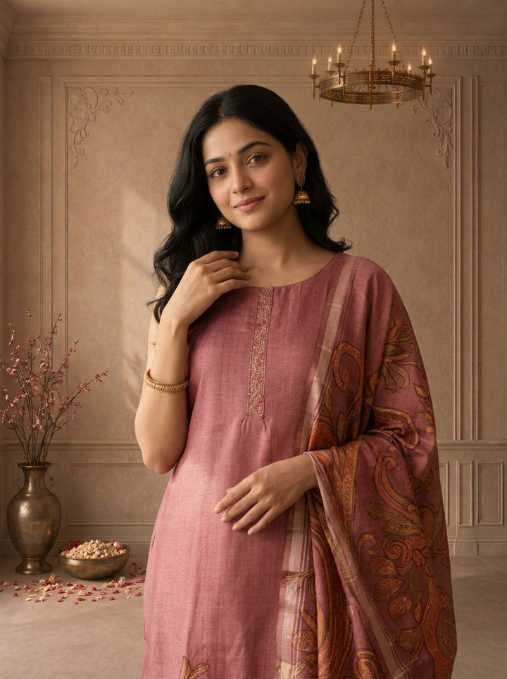 Onion Pink Silk Vintage Floral Printed Three Piece Set