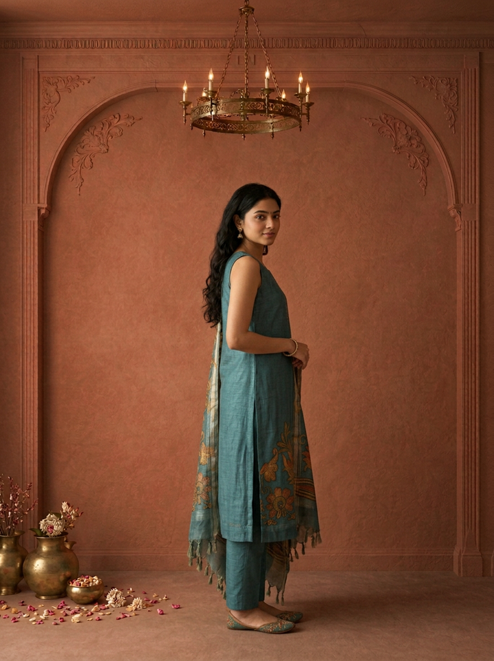 Peacock Silk Vintage Floral Printed Three Piece Set