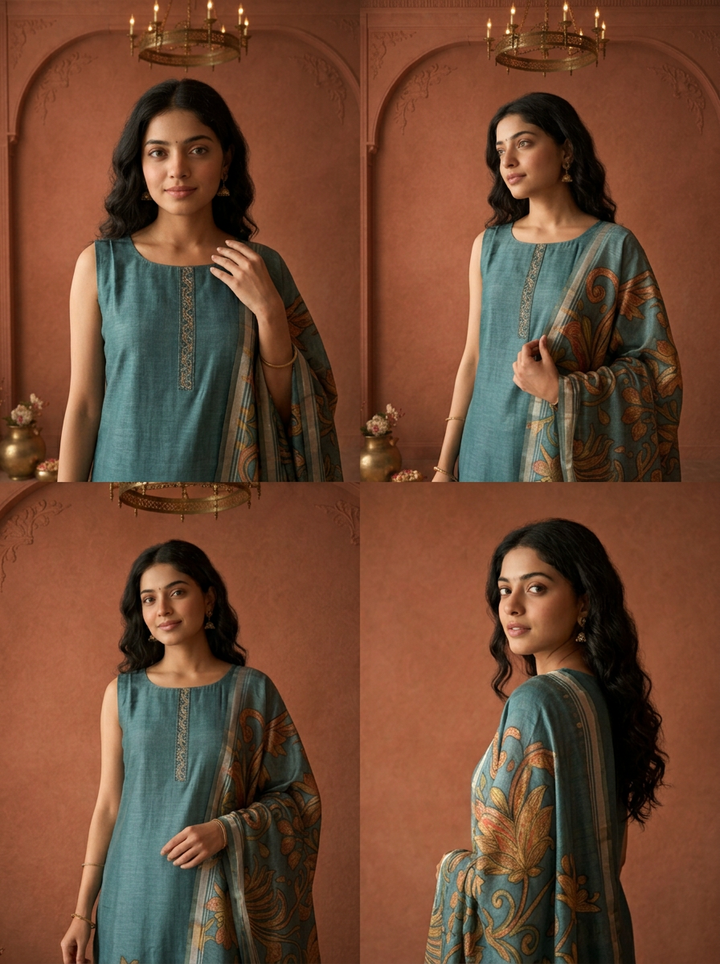 Peacock Silk Vintage Floral Printed Three Piece Set