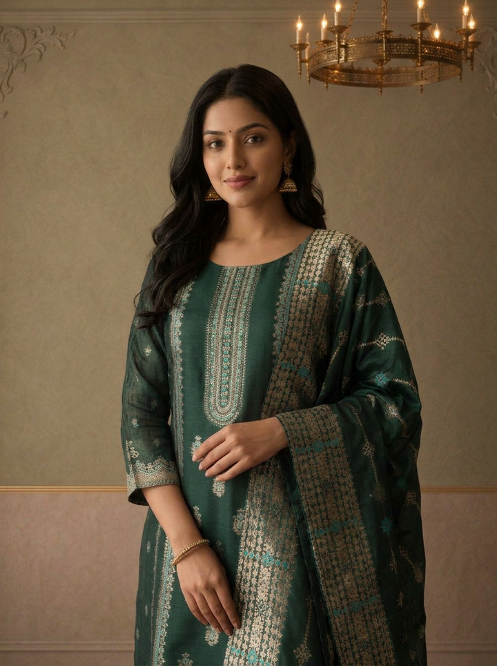 Bottle Green Silk Turquoise Zari Diagonal Jaal Weaved Three Piece Set