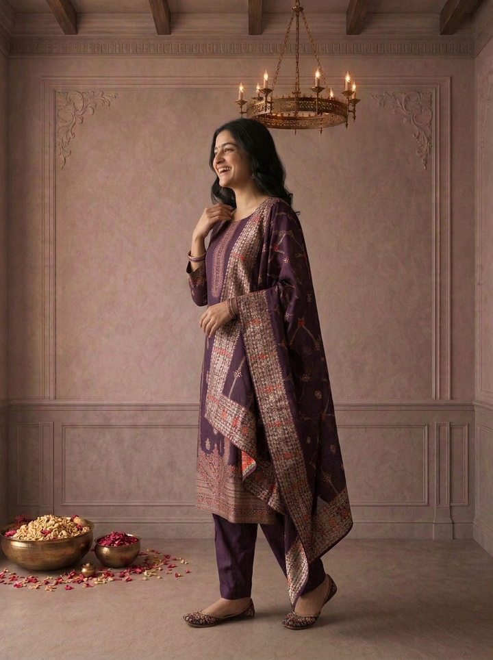 Wine Silk Turquoise Zari Diagonal Jaal Weaved Three Piece Set